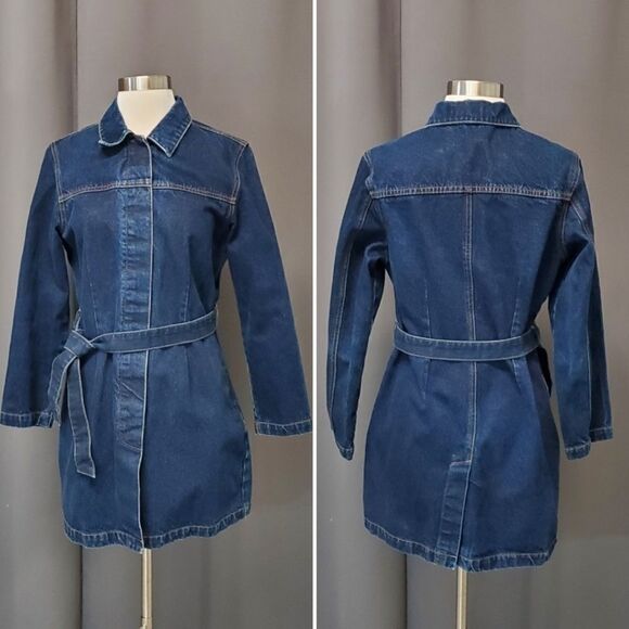 Vintage 90s y2k Bratz Blue Jean Midi Mid Length Belted Trench Denim Jacket Sm - Picture 5 of 5